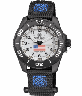 DAYNIGHT 43MM DIVER SOLAR POWERED PC USA TRITIUM WATCH- BLACK/WHITE BEZEL - WHITE DIAL USA FLAG 3 COLOR TRITIUM TUBES WHITE HANDS &ndash; STRAP
