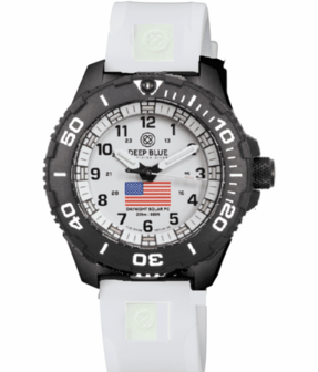 DAYNIGHT 43MM DIVER SOLAR POWERED PC USA TRITIUM WATCH- BLACK/WHITE BEZEL - WHITE DIAL USA FLAG 3 COLOR TRITIUM TUBES WHITE HANDS &ndash; STRAP