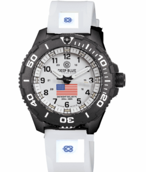 DAYNIGHT 43MM DIVER SOLAR POWERED PC USA TRITIUM WATCH- BLACK/WHITE BEZEL - WHITE DIAL USA FLAG 3 COLOR TRITIUM TUBES WHITE HANDS &ndash; STRAP