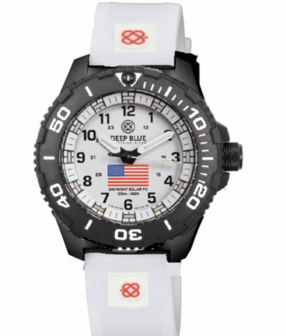 DAYNIGHT 43MM DIVER SOLAR POWERED PC USA TRITIUM WATCH- BLACK/WHITE BEZEL - WHITE DIAL USA FLAG 3 COLOR TRITIUM TUBES WHITE HANDS &ndash; STRAP