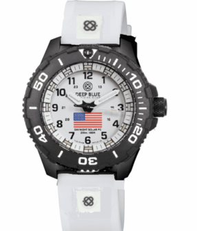 DAYNIGHT 43MM DIVER SOLAR POWERED PC USA TRITIUM WATCH- BLACK/WHITE BEZEL - WHITE DIAL USA FLAG 3 COLOR TRITIUM TUBES WHITE HANDS &ndash; STRAP