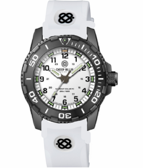 DAYNIGHT 43MM DIVER SOLAR POWERED PC TRITIUM WATCH- BLACK/WHITE BEZEL - WHITE DIAL - WHITE HANDS GREEN/ORANGE TRITIUM TUBES BLACK HANDS &ndash; STRAP