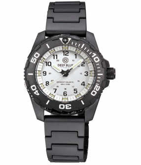 DAYNIGHT 43MM DIVER SOLAR POWERED PC TRITIUM WATCH- BLACK/WHITE BEZEL - WHITE DIAL - WHITE HANDS GREEN/ORANGE TRITIUM TUBES BLACK HANDS &ndash; STRAP
