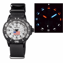 DAYNIGHT 43MM DIVER SOLAR POWERED PC USA TRITIUM WATCH- BLACK/WHITE BEZEL - WHITE DIAL USA FLAG 3 COLOR TRITIUM TUBES WHITE HANDS &ndash; STRAP