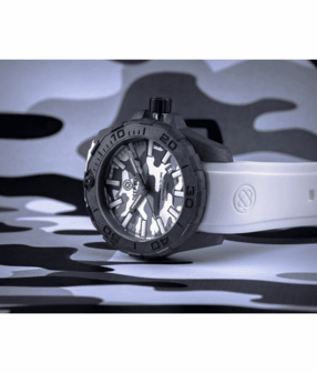 DAYNIGHT STEALTH OPS CARBON CASE WHITE GREY CAMO DIAL BLUE /YELLOW FLAT TRITIUM TUBES AUTOMATIC WATCH SCREW DOWN CROWN