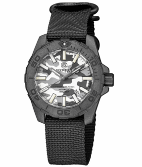 DAYNIGHT STEALTH OPS CARBON CASE WHITE GREY CAMO DIAL BLUE /YELLOW FLAT TRITIUM TUBES AUTOMATIC WATCH SCREW DOWN CROWN