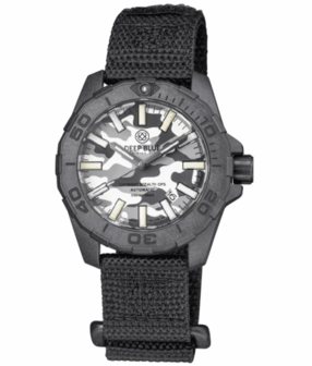 DAYNIGHT STEALTH OPS CARBON CASE WHITE GREY CAMO DIAL BLUE /YELLOW FLAT TRITIUM TUBES AUTOMATIC WATCH SCREW DOWN CROWN