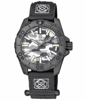 DAYNIGHT STEALTH OPS CARBON CASE WHITE GREY CAMO DIAL BLUE /YELLOW FLAT TRITIUM TUBES AUTOMATIC WATCH SCREW DOWN CROWN