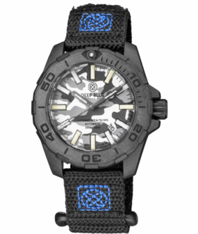 DAYNIGHT STEALTH OPS CARBON CASE WHITE GREY CAMO DIAL BLUE /YELLOW FLAT TRITIUM TUBES AUTOMATIC WATCH SCREW DOWN CROWN