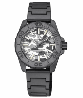 DAYNIGHT STEALTH OPS CARBON CASE WHITE GREY CAMO DIAL BLUE /YELLOW FLAT TRITIUM TUBES AUTOMATIC WATCH SCREW DOWN CROWN