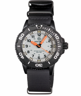 DAYNIGHT 43MM DIVER SOLAR POWERED PC TRITIUM WATCH- BLACK/WHITE BEZEL - WHITE DIAL ORANGE HANDS 3 COLOR WHITE GREEN ORANGE TRITIUM TUBES &ndash; STRAP