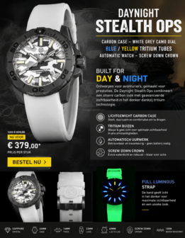 DAYNIGHT STEALTH OPS CARBON CASE WHITE GREY CAMO DIAL BLUE /YELLOW FLAT TRITIUM TUBES AUTOMATIC WATCH SCREW DOWN CROWN