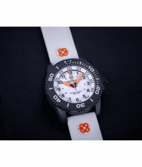 DAYNIGHT 43MM DIVER SOLAR POWERED PC TRITIUM WATCH- BLACK/WHITE BEZEL - WHITE DIAL ORANGE HANDS 3 COLOR BLUE GREEN ORANGE TRITIUM TUBES &ndash; STRAP