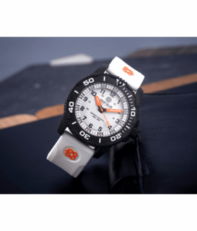 DAYNIGHT 43MM DIVER SOLAR POWERED PC TRITIUM WATCH- BLACK/WHITE BEZEL - WHITE DIAL ORANGE HANDS 3 COLOR BLUE GREEN ORANGE TRITIUM TUBES &ndash; STRAP