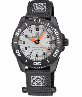 DAYNIGHT 43MM DIVER SOLAR POWERED PC TRITIUM WATCH- BLACK/WHITE BEZEL - WHITE DIAL ORANGE HANDS 3 COLOR BLUE GREEN ORANGE TRITIUM TUBES &ndash; STRAP