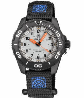 DAYNIGHT 43MM DIVER SOLAR POWERED PC TRITIUM WATCH- BLACK/WHITE BEZEL - WHITE DIAL ORANGE HANDS 3 COLOR BLUE GREEN ORANGE TRITIUM TUBES &ndash; STRAP