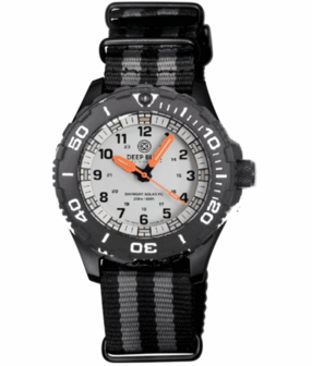 DAYNIGHT 43MM DIVER SOLAR POWERED PC TRITIUM WATCH- BLACK/WHITE BEZEL - WHITE DIAL ORANGE HANDS 3 COLOR BLUE GREEN ORANGE TRITIUM TUBES &ndash; STRAP