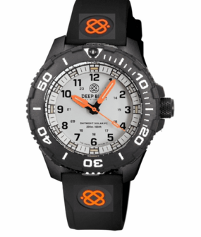 DAYNIGHT 43MM DIVER SOLAR POWERED PC TRITIUM WATCH- BLACK/WHITE BEZEL - WHITE DIAL ORANGE HANDS 3 COLOR BLUE GREEN ORANGE TRITIUM TUBES &ndash; STRAP