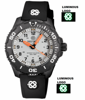 DAYNIGHT 43MM DIVER SOLAR POWERED PC TRITIUM WATCH- BLACK/WHITE BEZEL - WHITE DIAL ORANGE HANDS 3 COLOR BLUE GREEN ORANGE TRITIUM TUBES &ndash; STRAP