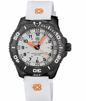 DAYNIGHT 43MM DIVER SOLAR POWERED PC TRITIUM WATCH- BLACK/WHITE BEZEL - WHITE DIAL ORANGE HANDS 3 COLOR BLUE GREEN ORANGE TRITIUM TUBES &ndash; STRAP