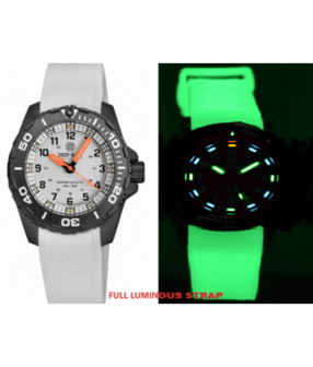 DAYNIGHT 43MM DIVER SOLAR POWERED PC TRITIUM WATCH- BLACK/WHITE BEZEL - WHITE DIAL ORANGE HANDS 3 COLOR BLUE GREEN ORANGE TRITIUM TUBES &ndash; STRAP