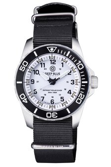DAYNIGHT 43MM DIVER SOLAR POWERED STAINLESS STEEL CASE TRITIUM WATCH - BLACK/WHITE BEZEL &ndash;WHITE DIAL STRAP