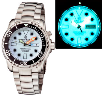 PRO SEA DIVER 1000M BRACELET CERAMIC BLACK BEZEL - WHITE FULL LUME DIAL ORANGE MINUTE HAND BRACELET - GLOWS BLUE