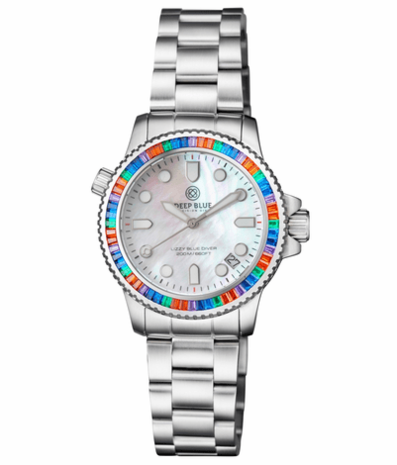 LADIES DIVER &ldquo;LIZZY BLUE&rdquo; &ndash; MULTI RAINBOW COLOR BAGUETTE CRYSTAL BEZEL - WHITE MOTHER OF PEARL DIAL