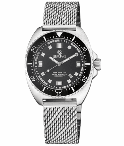 DEEP STAR 1000 VINTAGE SWISS AUTOMATIC BLACK CERAMIC BEZEL - BLACK WHITE DIAL STRAP