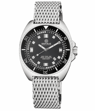 DEEP STAR 1000 VINTAGE SWISS AUTOMATIC BLACK CERAMIC BEZEL - BLACK WHITE DIAL STRAP