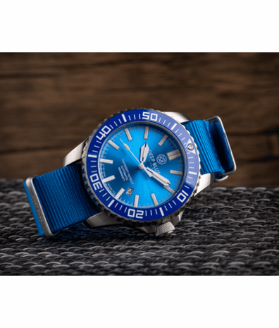 DAYNIGHT PATRIOT BLUE CERAMIC BEZEL - ICE BLUE DIAL - BLUE/YELLOW TUBES STRAP