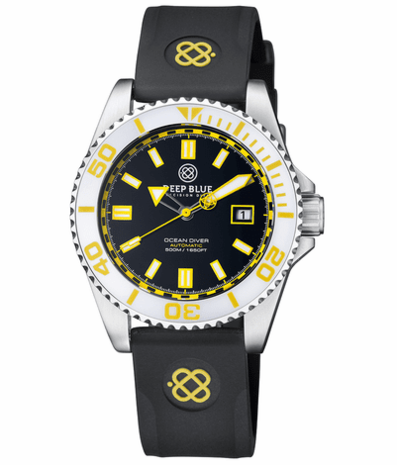 OCEAN DIVER COLLECTION WHITE/YELLOW CERAMIC BEZEL - BLACK/YELLOW DIAL STRAP