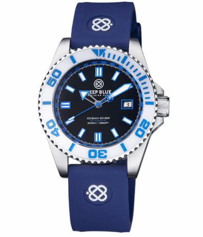 OCEAN DIVER COLLECTION WHITE/BLUE CERAMIC BEZEL - BLACK/BLUE DIAL STRAP