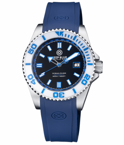 OCEAN DIVER COLLECTION WHITE/BLUE CERAMIC BEZEL - BLACK/BLUE DIAL STRAP
