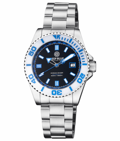 OCEAN DIVER COLLECTION WHITE/BLUE CERAMIC BEZEL - BLACK/BLUE DIAL STRAP