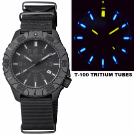 DAYNIGHT DIVER PC TRITIUM AUTOMATIC WATCH STEALTH BEZEL - BLACK STEALTH DIAL BLUE/YELLOW TUBES STRAP
