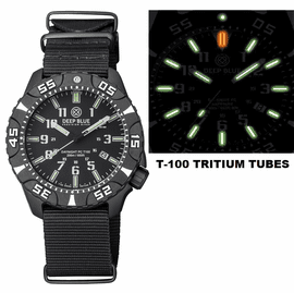 DAYNIGHT DIVER PC TRITIUM AUTOMATIC WATCH BLACK WHITE BEZEL - BLACK DIAL GREEN/ORANGE TUBES STRAP