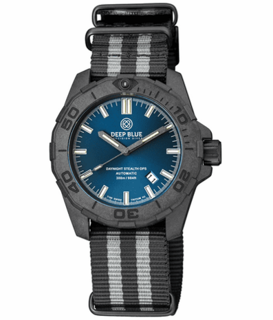 DAYNIGHT STEALTH OPS CARBON CASE DARK BLUE DIAL GREEN/ORANGE FLAT TRITIUM TUBES AUTOMATIC WATCH SCREW DOWN CROWN