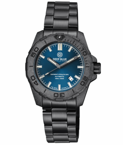 DAYNIGHT STEALTH OPS CARBON CASE DARK BLUE DIAL – BLUE /YELLOW TRITIUM TUBES AUTOMATIC WATCH SCREW DOWN CROWN