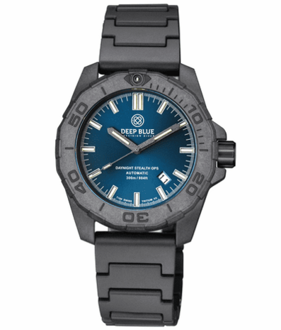 DAYNIGHT STEALTH OPS CARBON CASE DARK BLUE DIAL – BLUE /YELLOW TRITIUM TUBES AUTOMATIC WATCH SCREW DOWN CROWN