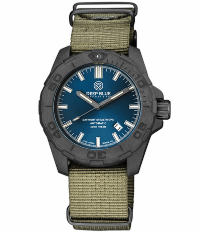 DAYNIGHT STEALTH OPS CARBON CASE DARK BLUE DIAL – BLUE /YELLOW TRITIUM TUBES AUTOMATIC WATCH SCREW DOWN CROWN