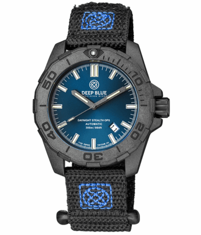 DAYNIGHT STEALTH OPS CARBON CASE DARK BLUE DIAL – BLUE /YELLOW TRITIUM TUBES AUTOMATIC WATCH SCREW DOWN CROWN