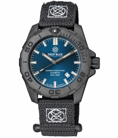 DAYNIGHT STEALTH OPS CARBON CASE DARK BLUE DIAL – BLUE /YELLOW TRITIUM TUBES AUTOMATIC WATCH SCREW DOWN CROWN
