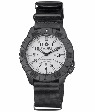DAYNIGHT DIVER PC TRITIUM AUTOMATIC WATCH- STEALTH BEZEL - WHITE DIAL MULTI COLOR TRITIUM TUBES – STRAP