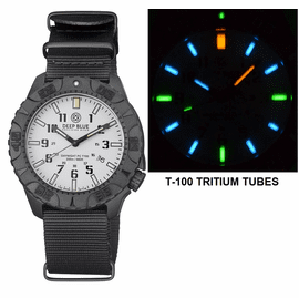 DAYNIGHT DIVER PC TRITIUM AUTOMATIC WATCH- STEALTH BEZEL - WHITE DIAL MULTI COLOR TRITIUM TUBES &ndash; STRAP