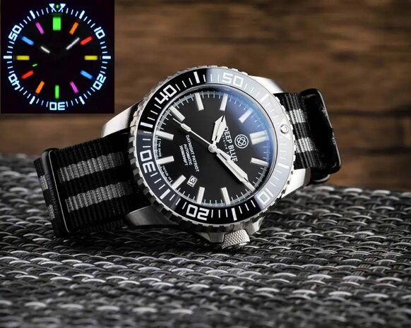 DAYNIGHT PATRIOT BLACK CERAMIC BEZEL - BLACK DIAL &ndash; 7 COLOR TRITIUM TUBES STRAP