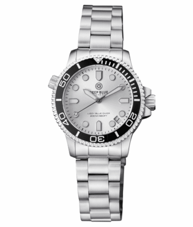 LADIES DIVER &ldquo;LIZZY BLUE&rdquo; &ndash; BLACK/WHITE BEZEL &ndash; SILVER SUNRAY DIAL