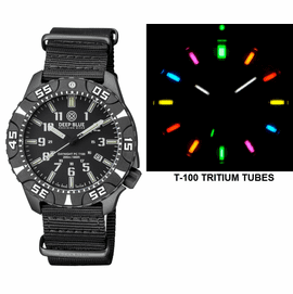 DAYNIGHT DIVER PC TRITIUM AUTOMATIC WATCH- BLACK/WHITE BEZEL - BLACK/WHITE DIAL 7 COLOR TRITIUM TUBES - STRAP