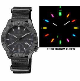 DAYNIGHT DIVER PC TRITIUM AUTOMATIC WATCH- STEALTH BEZEL - STEALTH DIAL 7 COLOR TRITIUM TUBES &ndash; STRAP