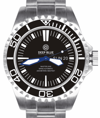 MASTER 2000 DAY DATE SWISS AUTO BLACK DIAL CLASSIC MINUTE MARKER BLUE HANDS